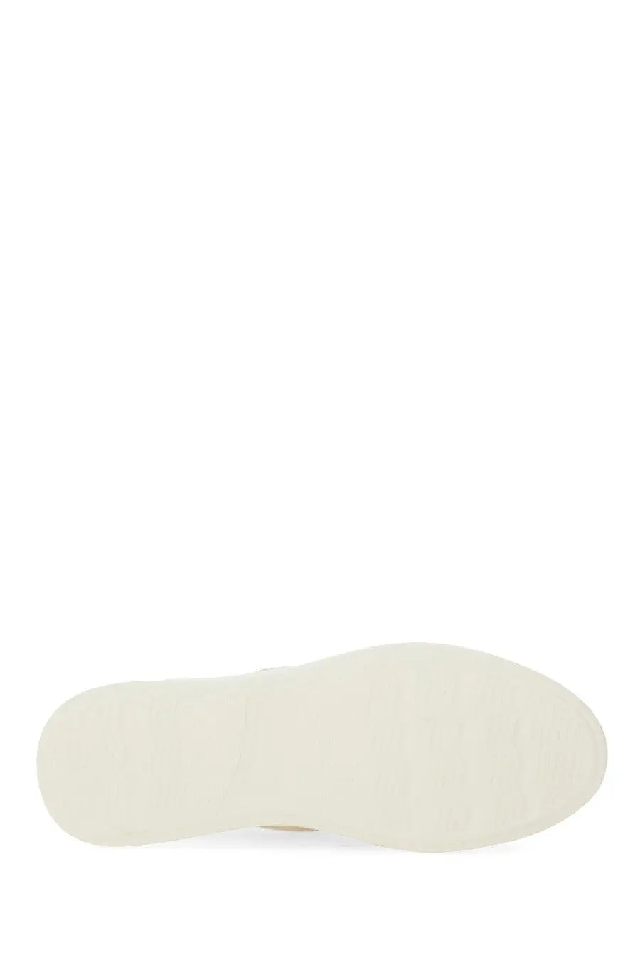 Cream-colored rubber sole with smooth textured surface and rounded heel on hogan women’s rebel sneaker white back view