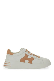 Hogan women’s rebel sneaker white leather with tan accents and bold h-shaped logo on the side