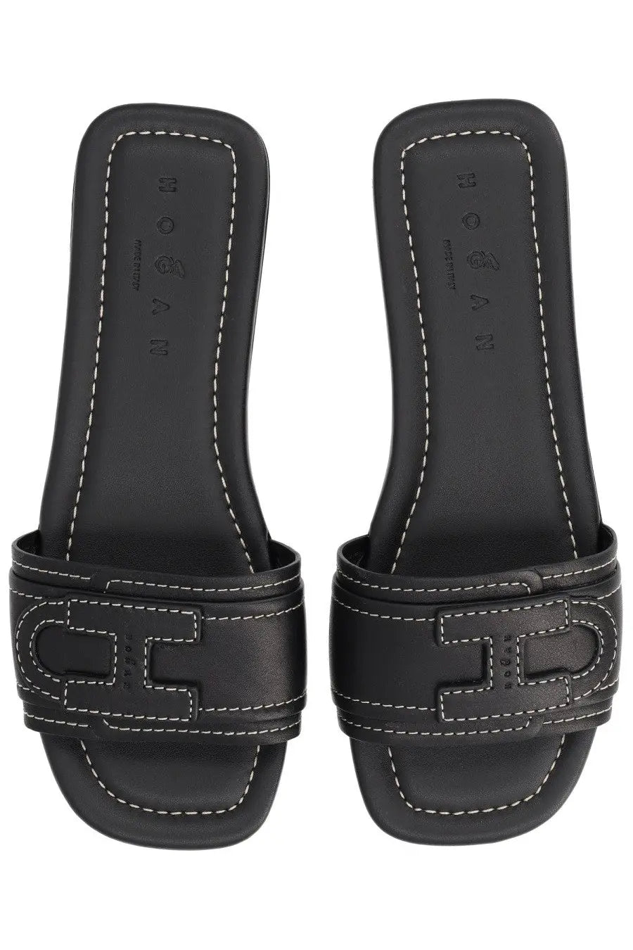 Hogan women’s sandalo flat black leather slide sandals with distinctive h-shaped buckle and white stitching