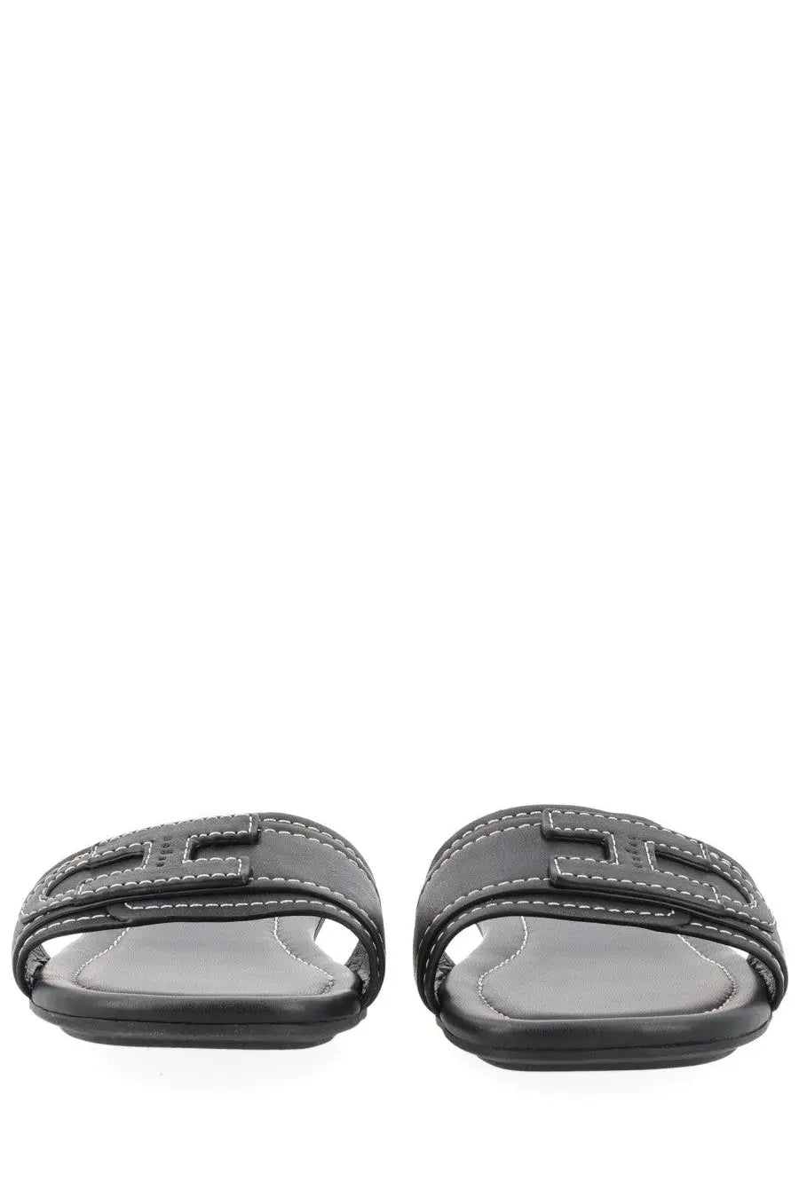 Hogan women’s sandalo flat black leather slide sandals with white stitching and prominent h shaped logo on strap
