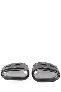 Hogan women’s sandalo flat black leather slide sandals with white stitching and prominent h shaped logo on strap