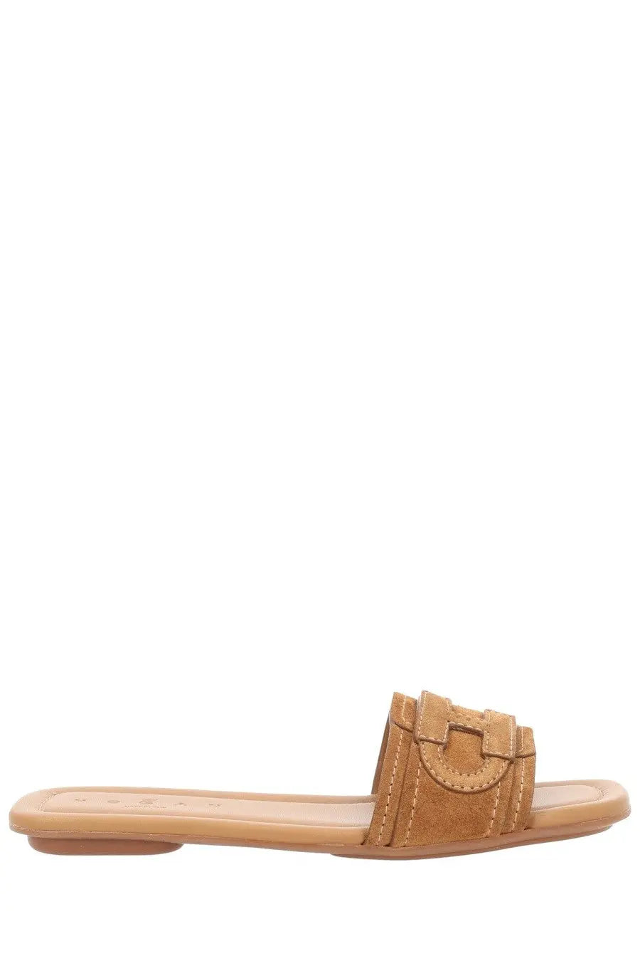 Tan suede slide sandal for women by Hogan featuring a distinctive buckle strap and stitched detailing