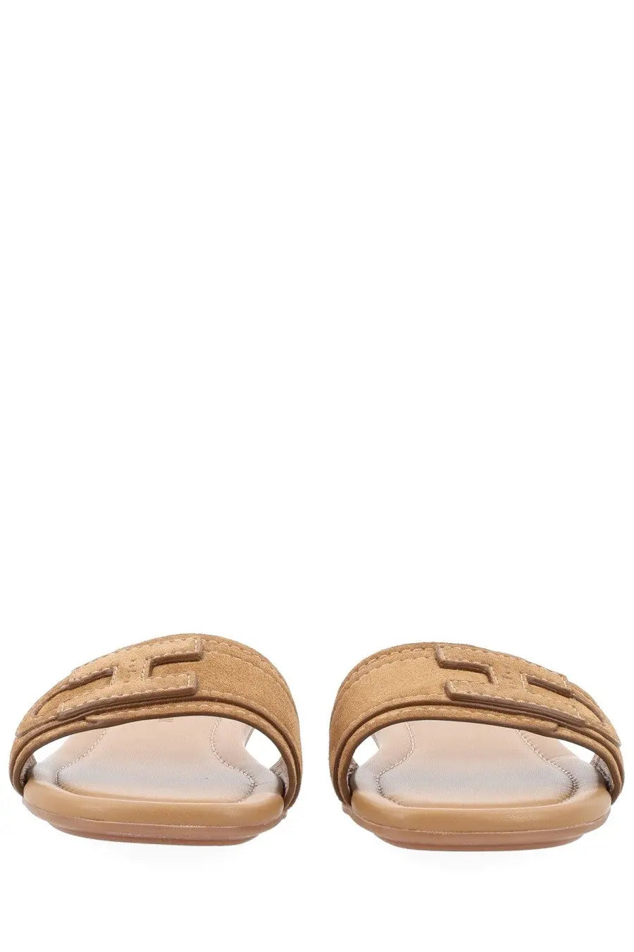 Hogan women’s sandalo flat brown tan suede slide sandals with prominent t-shaped logo strap