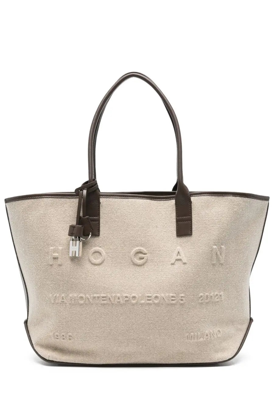 Beige canvas tote bag with dark brown leather handles and embossed hogan branding for women shopping bag