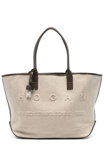 Beige canvas tote bag with dark brown leather handles and embossed hogan branding for women shopping bag