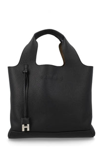 Black pebbled leather tote bag with silver tone h logo clasp and top handles for Hogan women’s shopping bag black