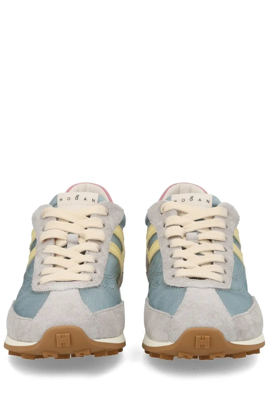 Hogan women’s sneaker athletic multicolor in light blue and beige with yellow stripes suede and canvas upper tan rubber sole