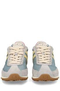 Hogan women’s sneaker athletic multicolor in light blue and beige with yellow stripes suede and canvas upper tan rubber sole