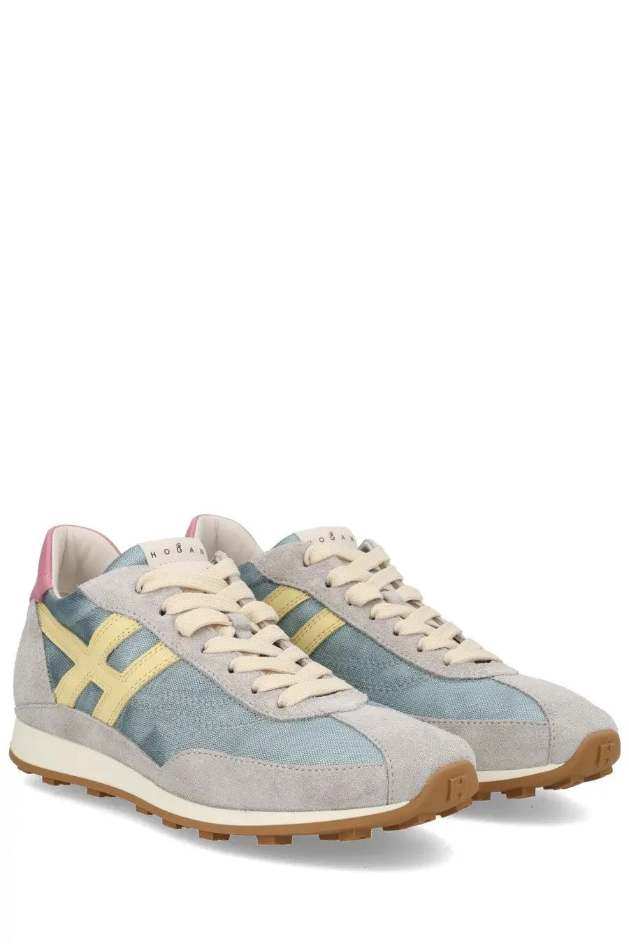 Hogan women’s sneaker athletic multicolor in light gray and blue suede with yellow stripes cream laces and tan sole