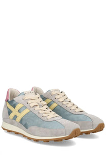 Hogan women’s sneaker athletic multicolor in light gray and blue suede with yellow stripes cream laces and tan sole