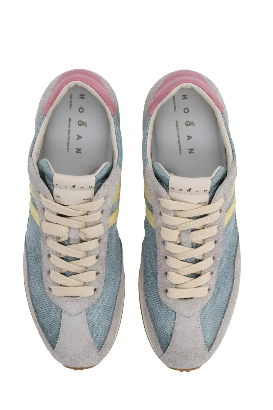 Hogan women’s sneaker athletic multicolor in pastel blue and beige with pink accents and yellow stripes
