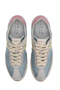 Hogan women’s sneaker athletic multicolor in pastel blue and beige with pink accents and yellow stripes
