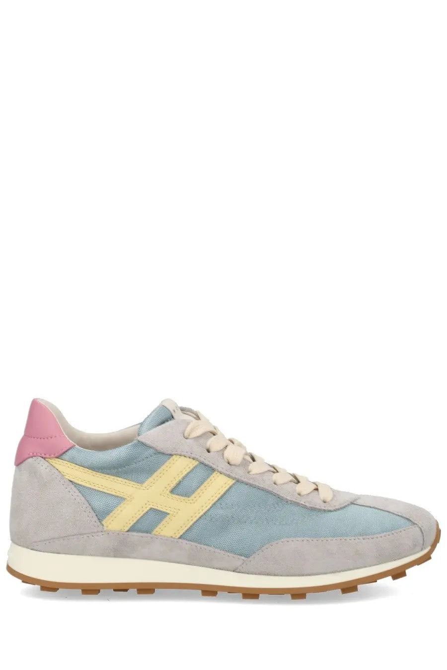 Hogan women’s sneaker in pastel blue and gray suede with yellow h logo pink heel tab cream laces and tan rubber sole