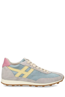Hogan women’s sneaker in pastel blue and gray suede with yellow h logo pink heel tab cream laces and tan rubber sole