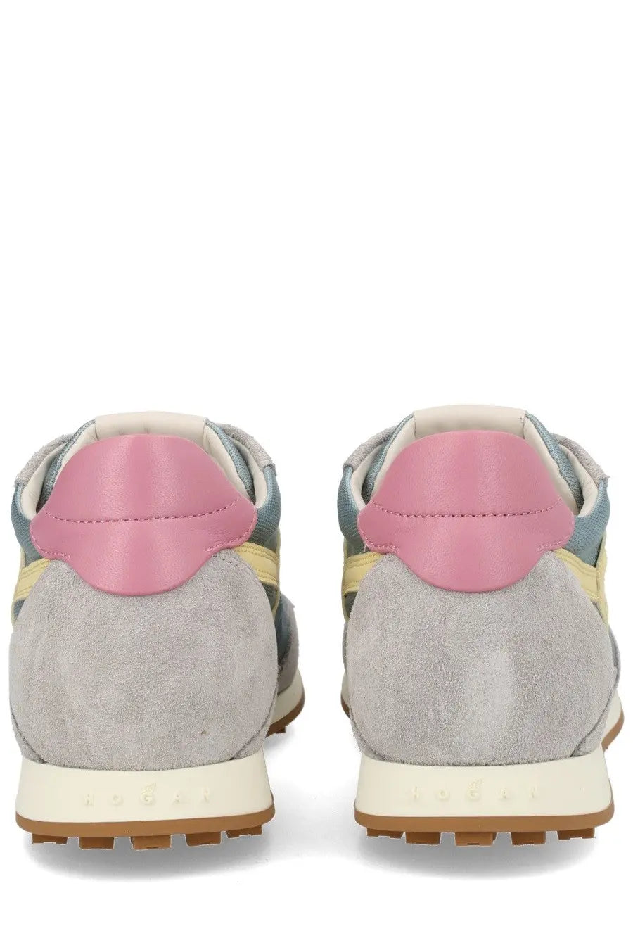 Hogan women’s sneaker athletic multicolor with pastel suede upper pink leather heel tab and yellow side stripe