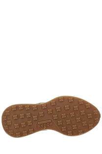 Brown rubber sole with grid pattern and hogan logo embossed near the heel of hogan womens sneaker beige back side