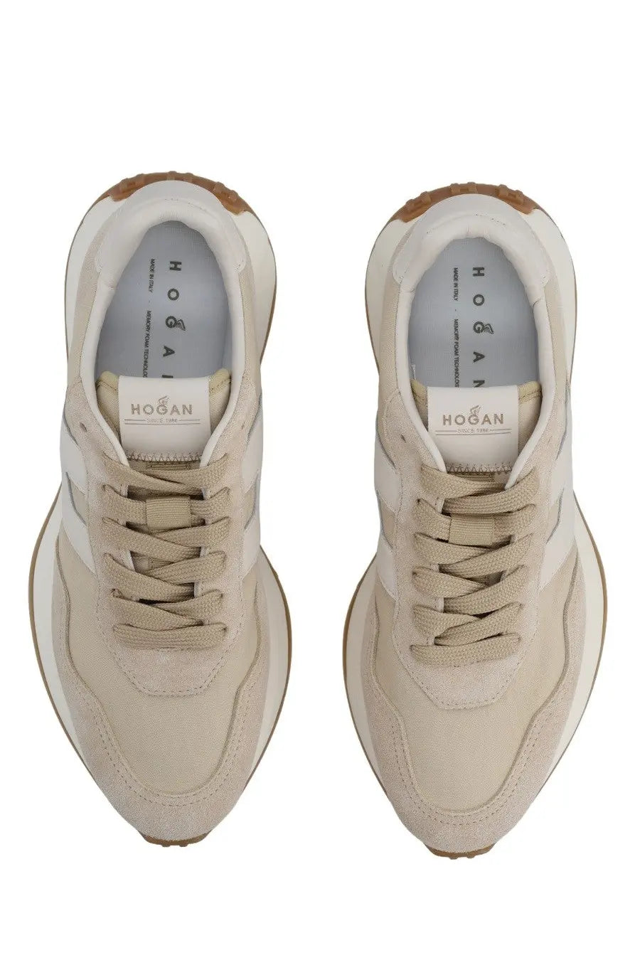 Hogan women’s sneaker beige in beige suede and canvas with tan laces white midsole and brown rubber outsoles