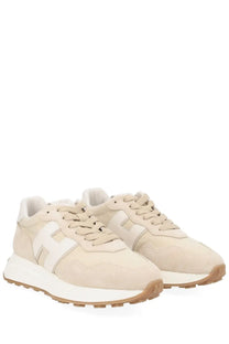Hogan women’s beige suede sneakers with white h logo and tan rubber sole for casual wear
