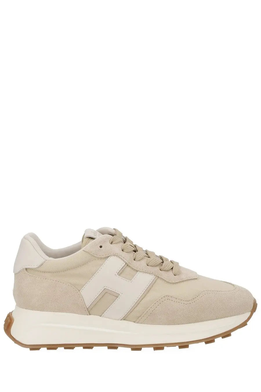 Hogan women sneaker beige in suede with white h logo and tan rubber sole for casual wear