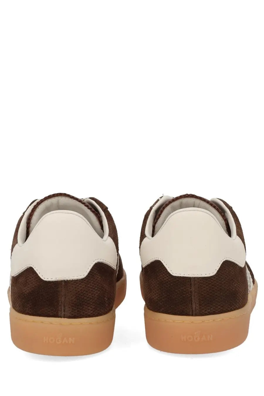 Brown and cream suede hogan women’s sneaker cool brown with rubber sole and moussy embossed on the back heel