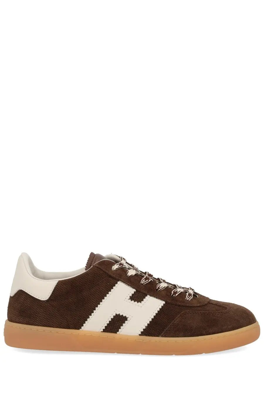 Hogan women’s sneaker cool brown brown suede with bold white h logo cream laces and gum rubber sole