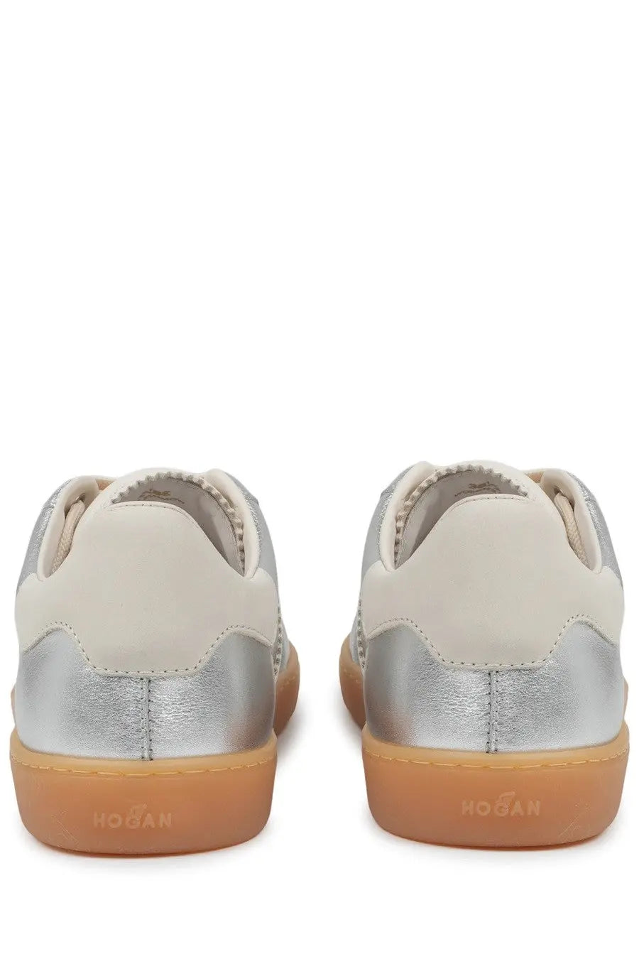 Hogan women’s sneaker cool silver with metallic silver sides suede cream upper panels and gum rubber soles