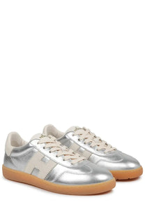 Hogan women’s sneaker cool silver in silver metallic with beige laces and tan rubber sole for casual wear