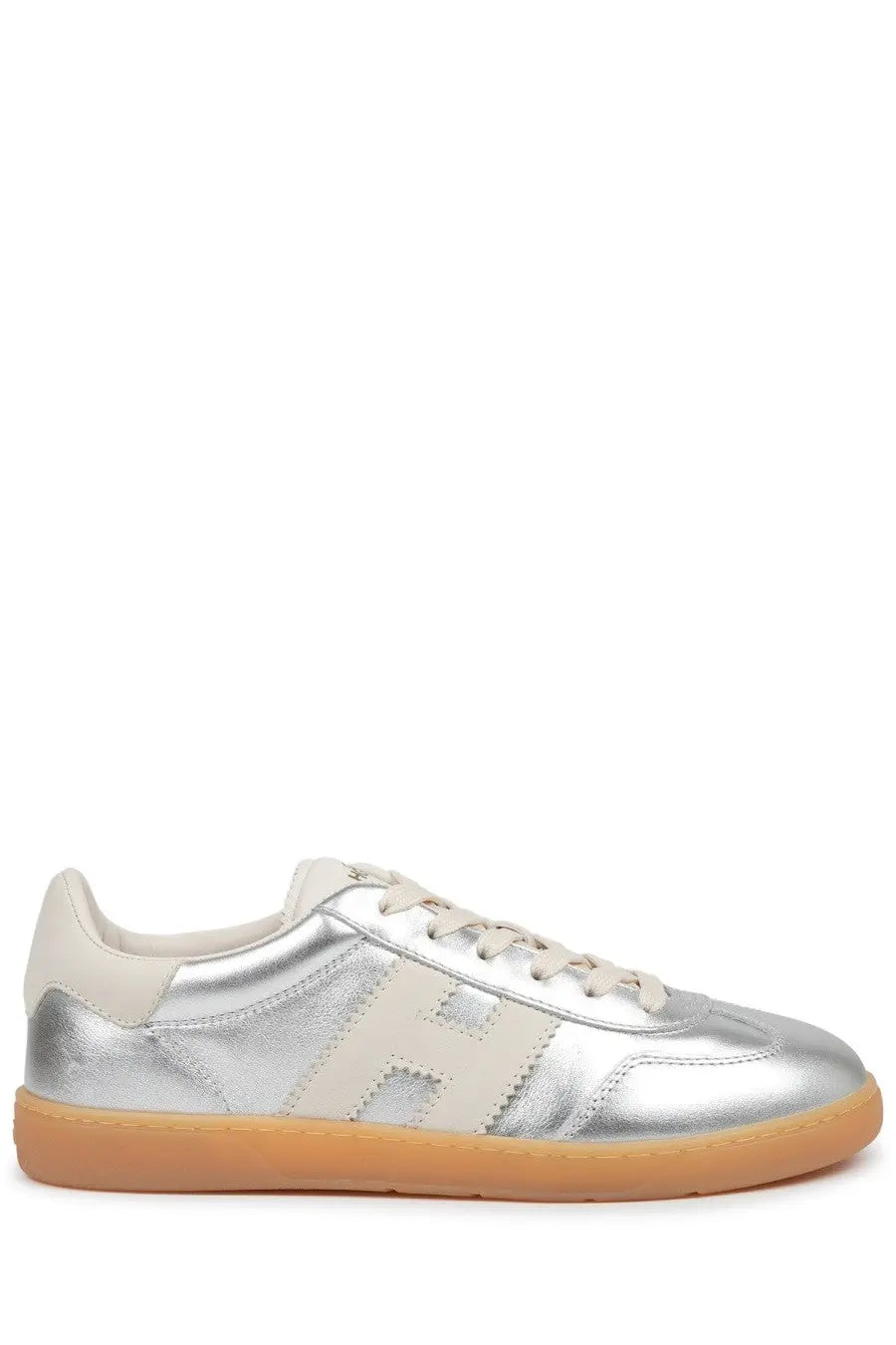 Hogan women’s sneaker cool silver in silver metallic leather with beige h logo and gum rubber sole