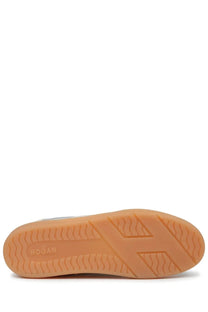 Back view of Hogan women’s sneaker cool silver with tan rubber sole and subtle branding on the heel
