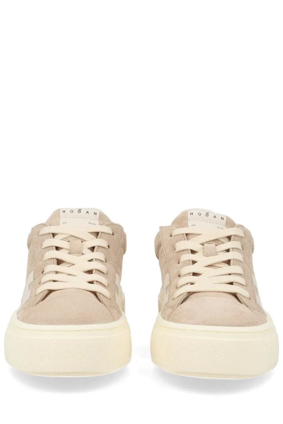 Hogan women’s sneaker crosswind beige made of beige suede with cream laces and thick off-white rubber sole