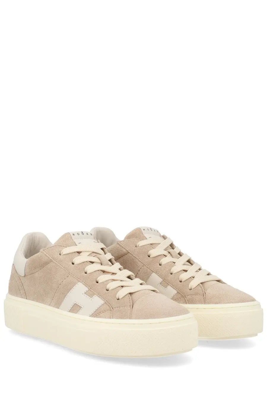 Hogan women’s sneaker crosswind beige in beige suede with cream platform sole and white h logo on the side