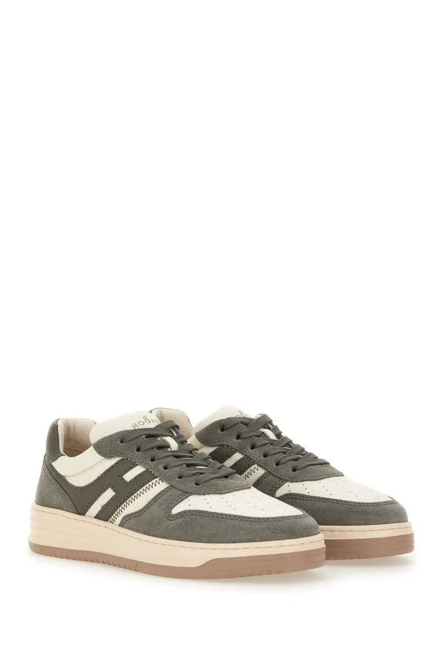 Hogan women’s sneaker h630 multicolor olive green and cream suede low-top with classic h logo on the side