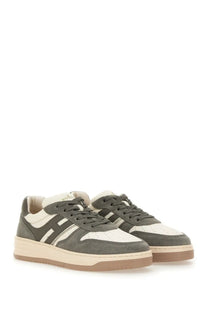 Hogan women’s sneaker h630 multicolor olive green and cream suede low-top with classic h logo on the side