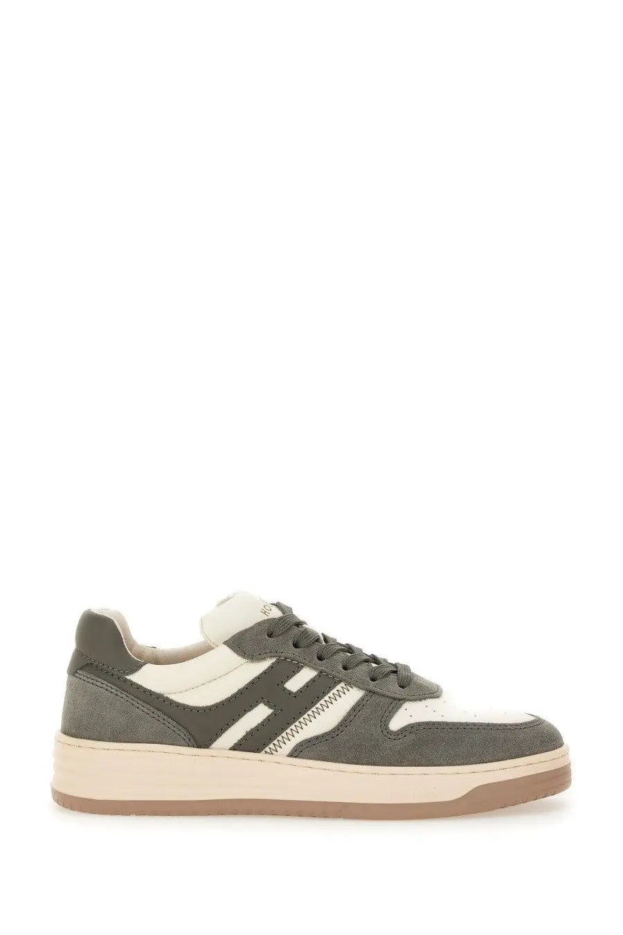 Hogan women’s sneaker h630 multicolor olive green and cream suede low-top with distinctive stitched h logo on side
