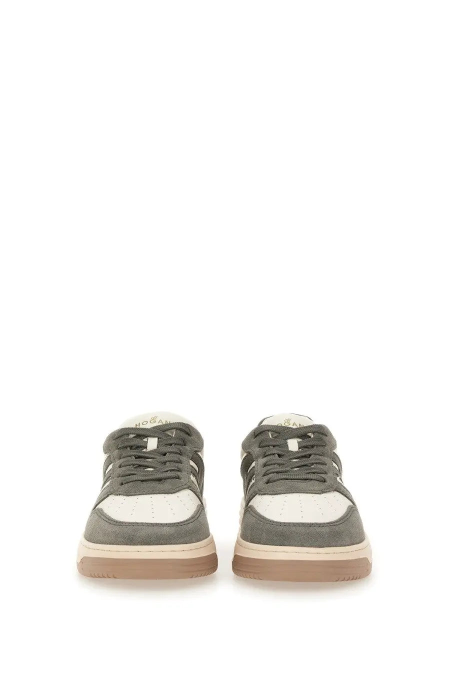 Hogan women’s sneaker h630 olive green and white suede low-top with beige rubber sole for casual wear