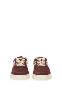 Hogan women’s sneaker h630 red maroon suede low-top with cream laces and matching rubber soles