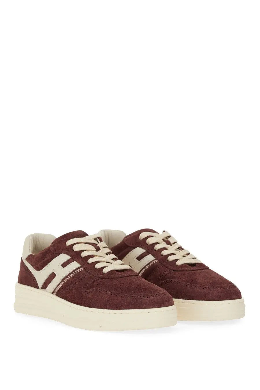 Hogan women’s sneaker h630 red in maroon suede with cream laces and matching rubber sole front view