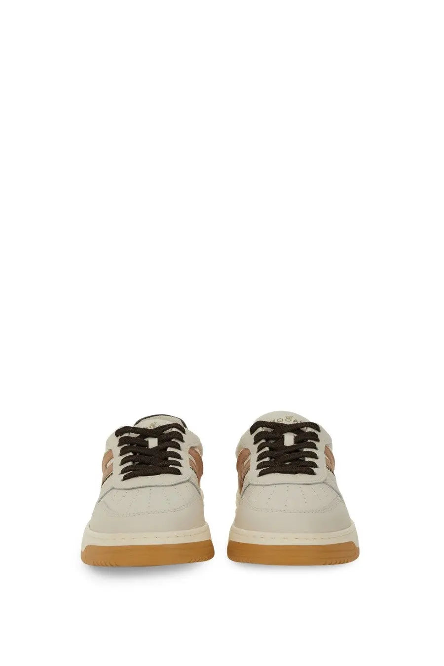 Hogan women’s sneaker h630 white cream leather with black laces and rose gold accents on the sides
