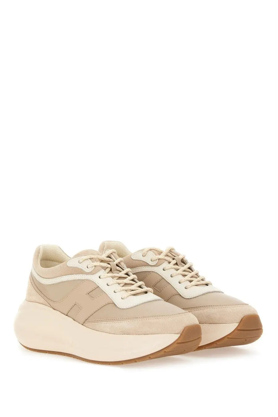 Hogan women’s sneaker h696 beige platform sneaker with chunky sole in suede and mesh materials