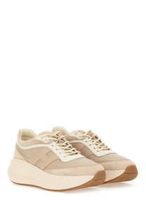 Hogan women’s sneaker h696 beige platform sneaker with chunky sole in suede and mesh materials