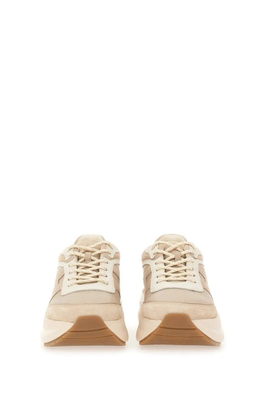 Hogan women’s sneaker h696 beige suede with chunky sole in beige and cream colors front view