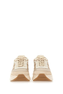 Hogan women’s sneaker h696 beige suede with chunky sole in beige and cream colors front view