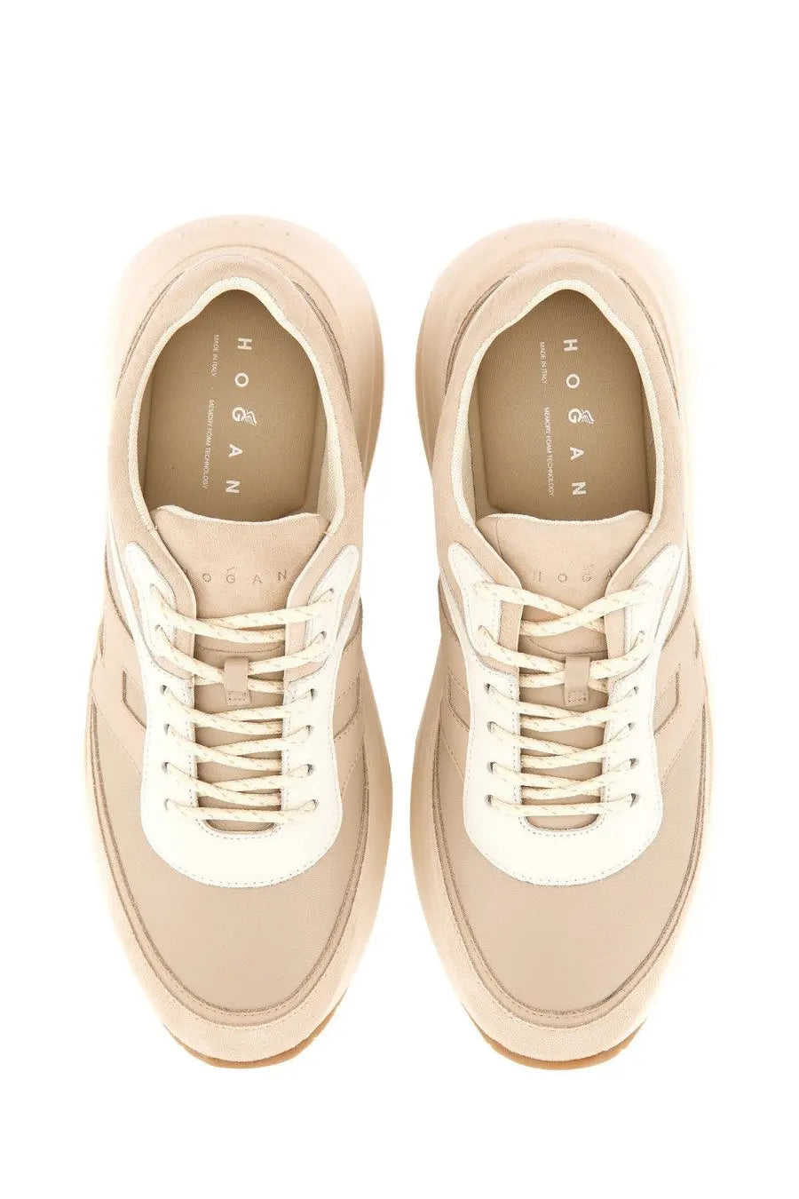 Hogan women’s sneaker H696 beige with white laces and sleek modern design in beige leather and fabric