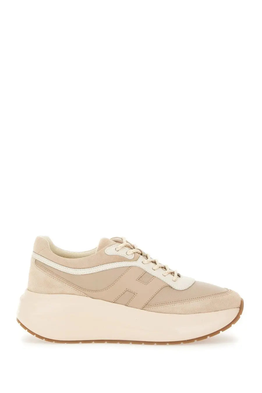 Hogan women’s sneaker H696 beige with beige suede and canvas platform and white accents with bold H logo on side