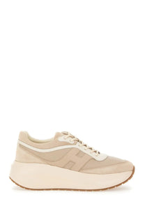 Hogan women’s sneaker H696 beige with beige suede and canvas platform and white accents with bold H logo on side