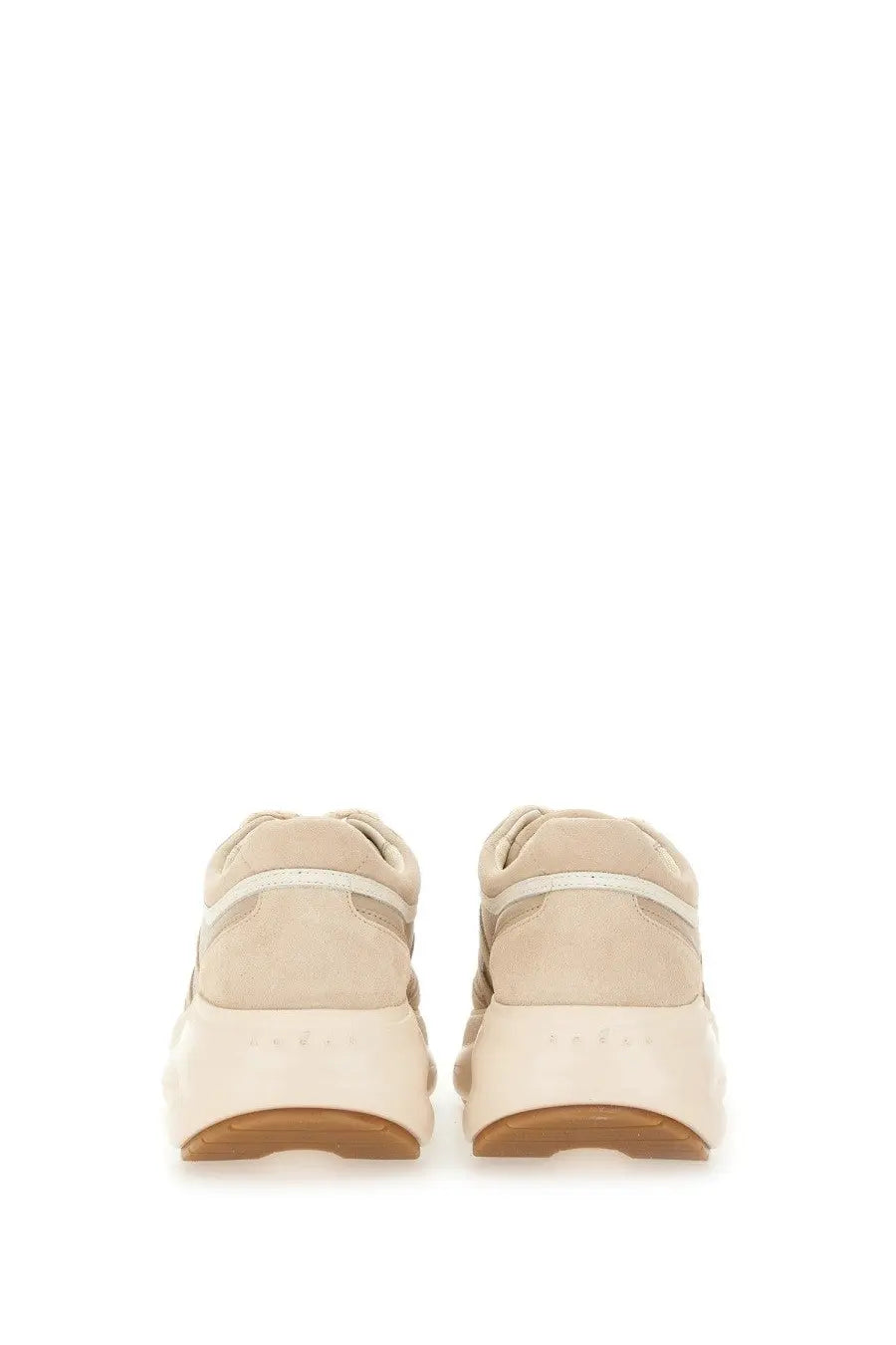 Hogan women’s sneaker h696 beige suede with chunky white rubber sole and subtle gray accents front view