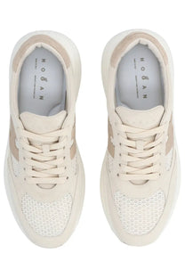 Hogan women’s sneaker maxi active beige with cream-colored mesh and suede upper featuring beige side accents and laces