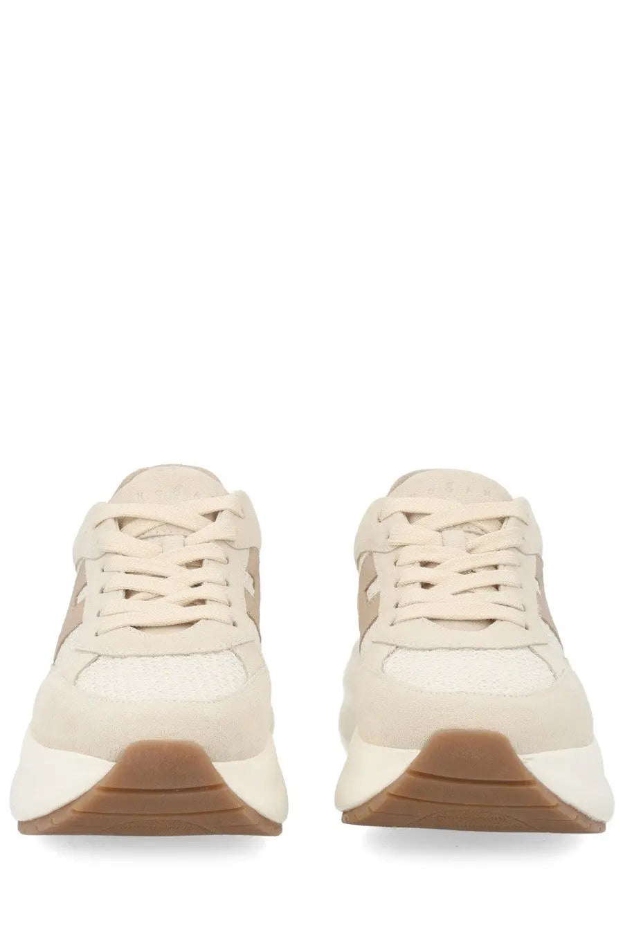 Hogan women’s sneaker maxi active beige cream suede and mesh sneakers with tan accents and chunky white sole