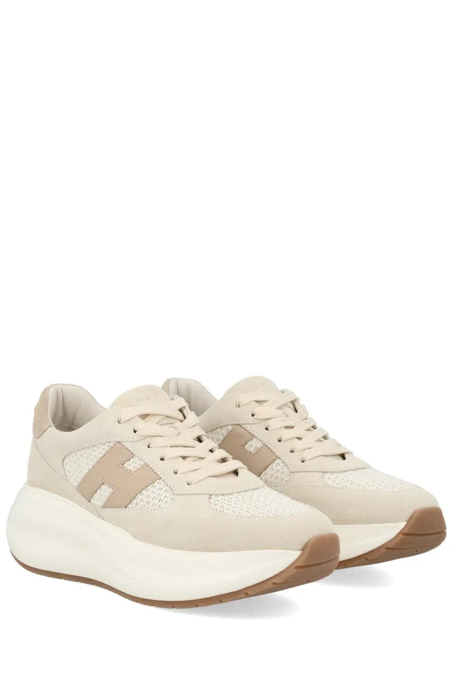 Hogan women’s sneaker maxi active beige with beige mesh and suede upper, white midsole, and tan outsole