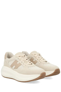 Hogan women’s sneaker maxi active beige with beige mesh and suede upper, white midsole, and tan outsole